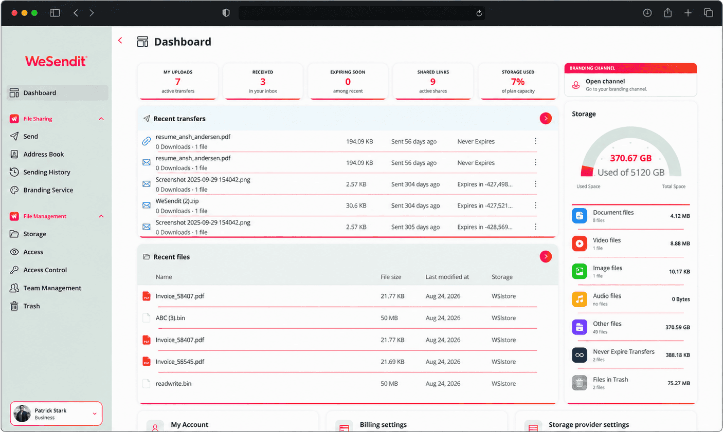 WeSendit Dashboard